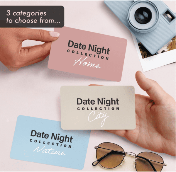 A person holding up three cards with the words date night collection on them.